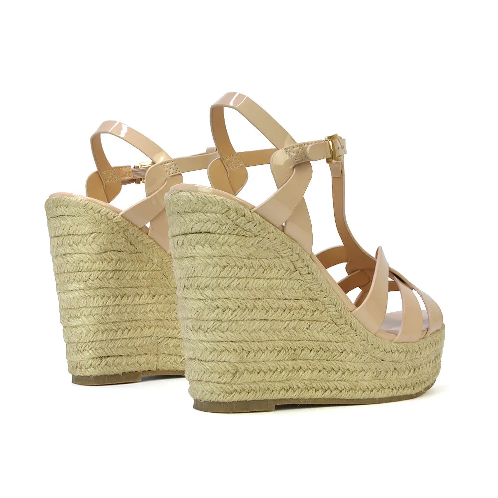 Alexis Strappy Espadrille Platform Wedge Heel Sandals in Black Patent