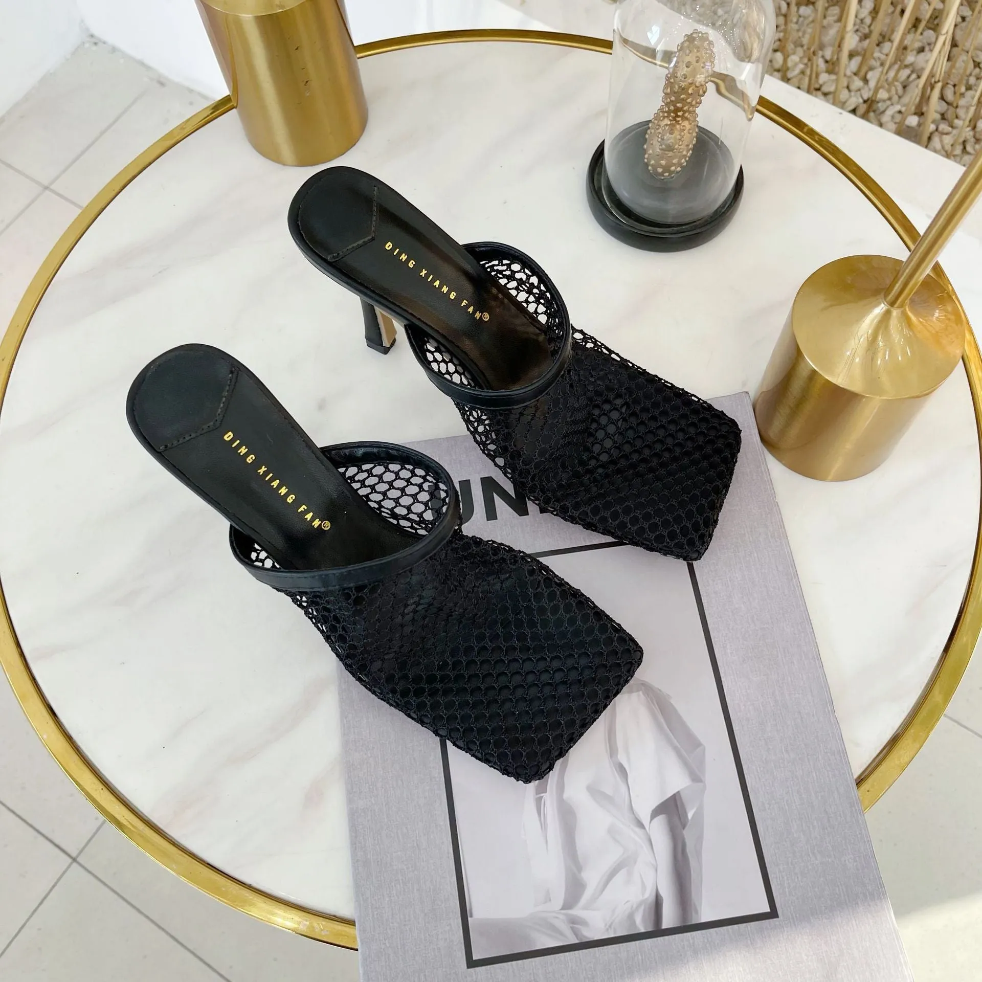 Amozae  9Cm Summer Autumn   Mesh Pumps Sandals Female Square Toe High Heel Chain Stiletto Hollow Party Dress Pumps Shoe Sandals