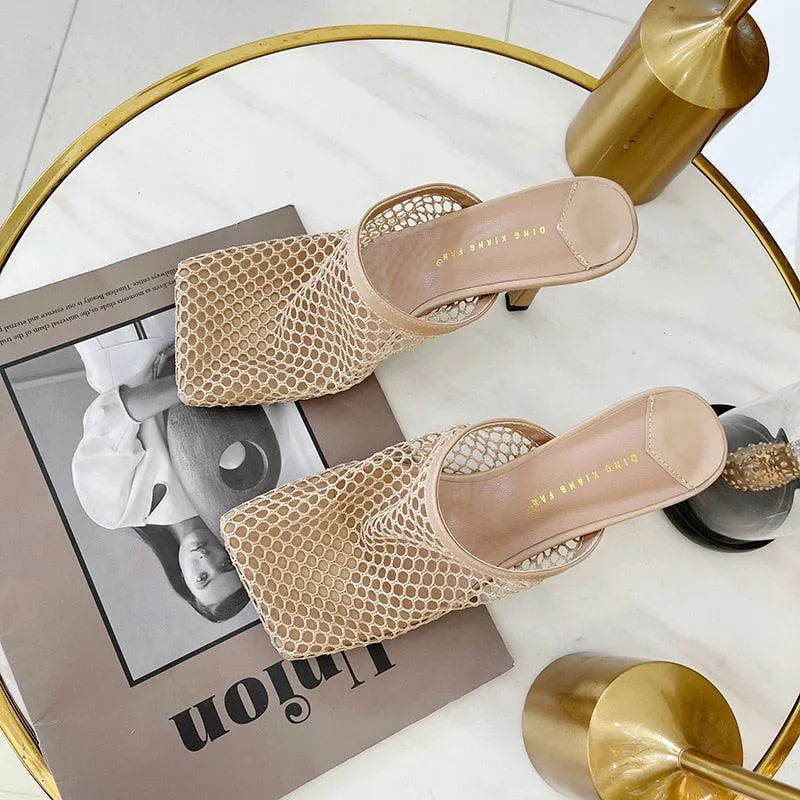 Amozae  9Cm Summer Autumn   Mesh Pumps Sandals Female Square Toe High Heel Chain Stiletto Hollow Party Dress Pumps Shoe Sandals