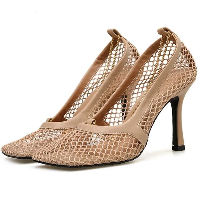 Amozae  9Cm Summer Autumn   Mesh Pumps Sandals Female Square Toe High Heel Chain Stiletto Hollow Party Dress Pumps Shoe Sandals