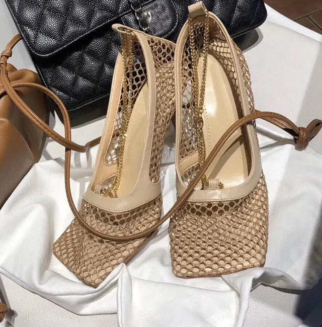 Amozae  9Cm Summer Autumn   Mesh Pumps Sandals Female Square Toe High Heel Chain Stiletto Hollow Party Dress Pumps Shoe Sandals