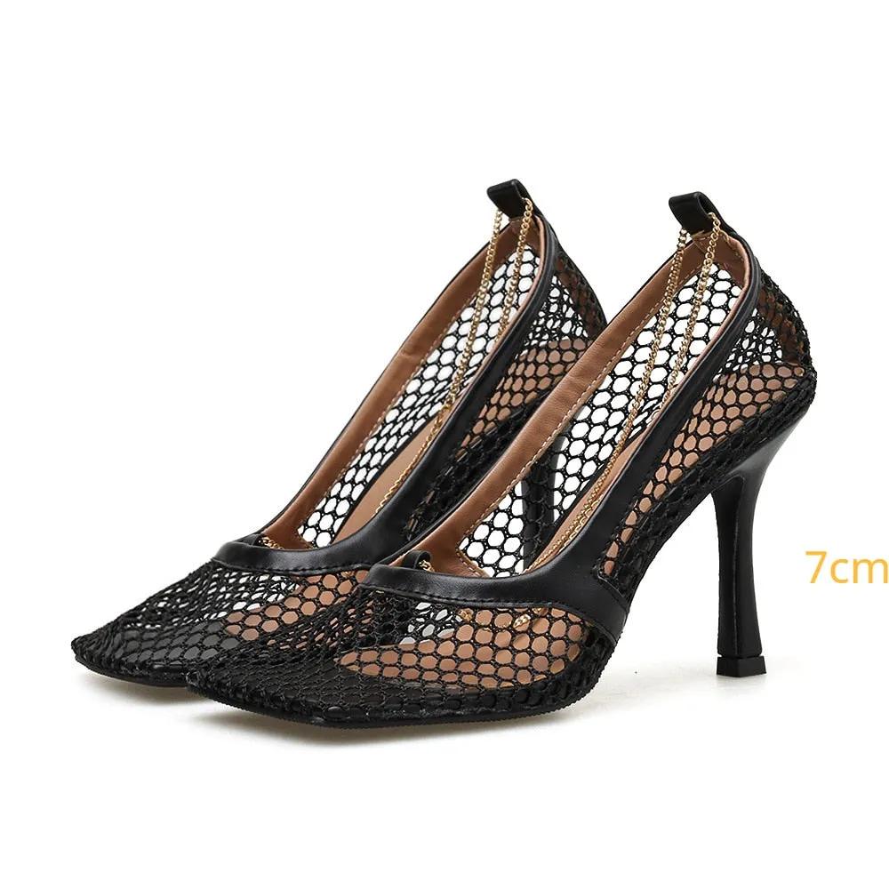 Amozae  9Cm Summer Autumn   Mesh Pumps Sandals Female Square Toe High Heel Chain Stiletto Hollow Party Dress Pumps Shoe Sandals