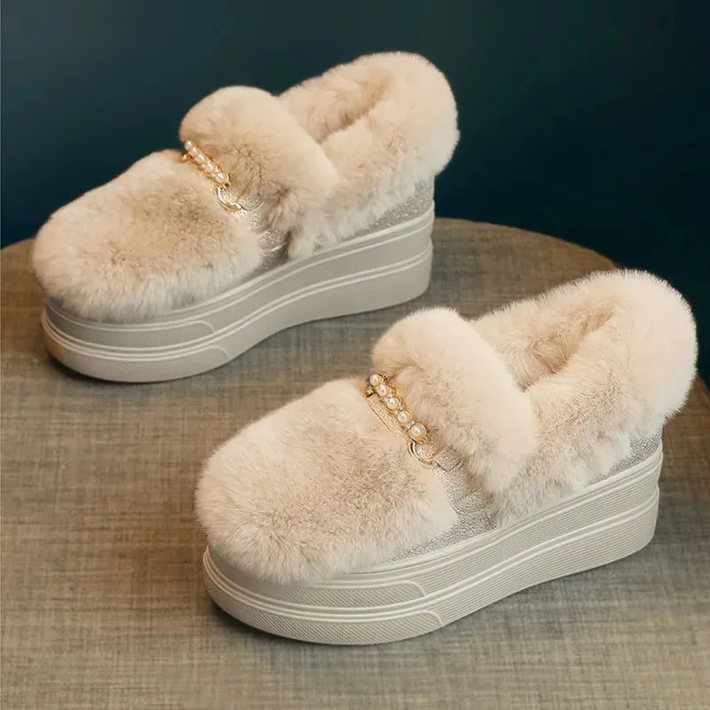 Amozae-Real rabbits snow boots women wedge heels slip on winter booties solid color short botas suede pearl chain platform shoes woman
