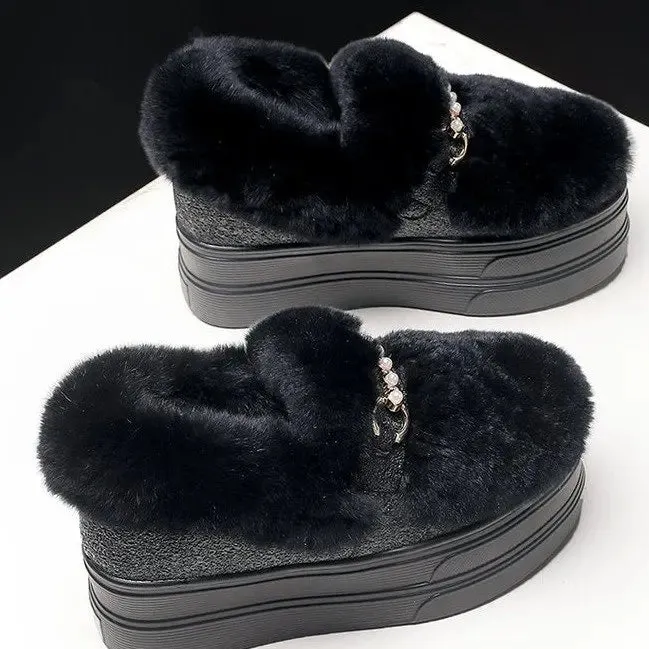 Amozae-Real rabbits snow boots women wedge heels slip on winter booties solid color short botas suede pearl chain platform shoes woman