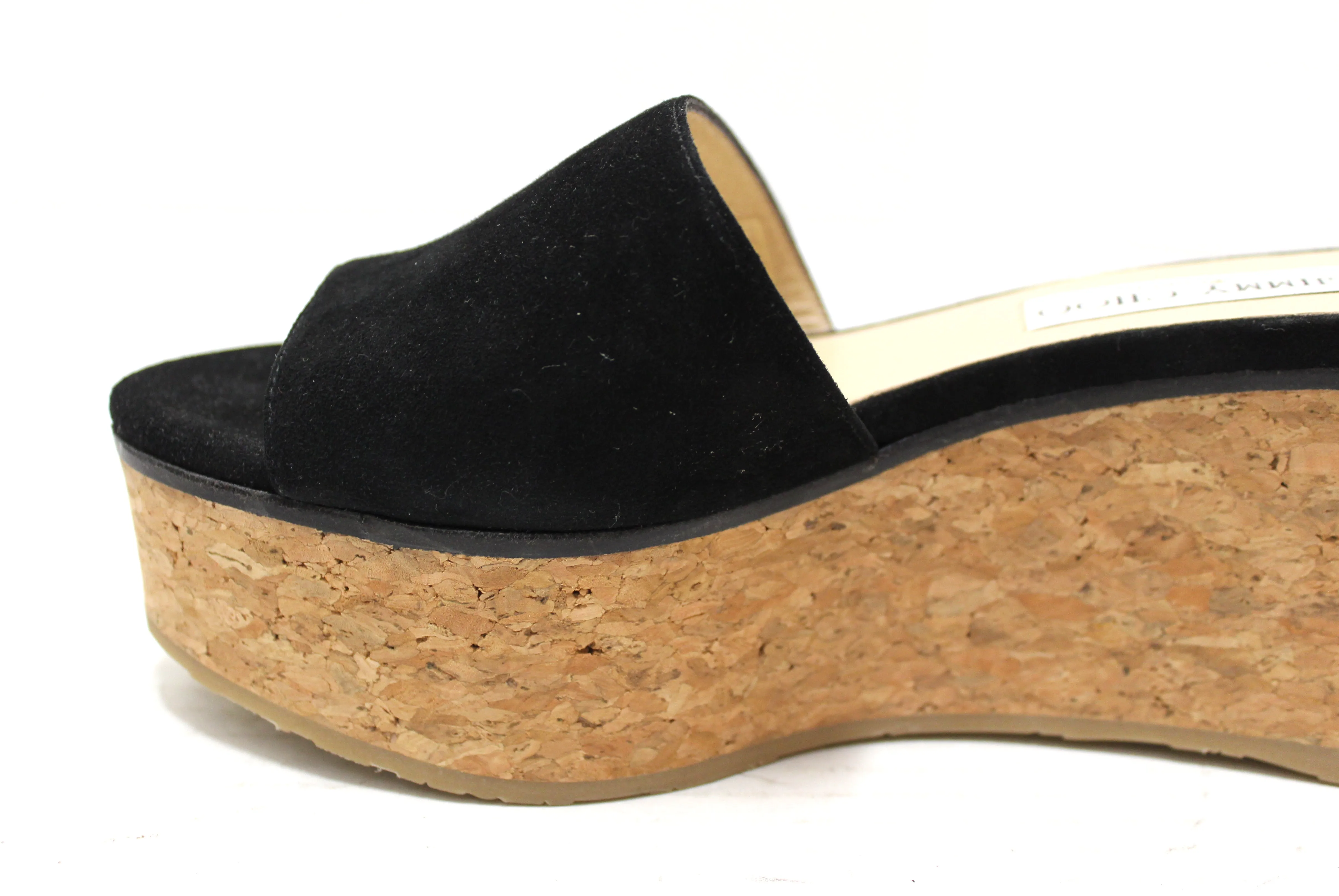 Authentic Jimmy Choo Black Suede Leather Cork Wedge Platform Heel Shoes size 39