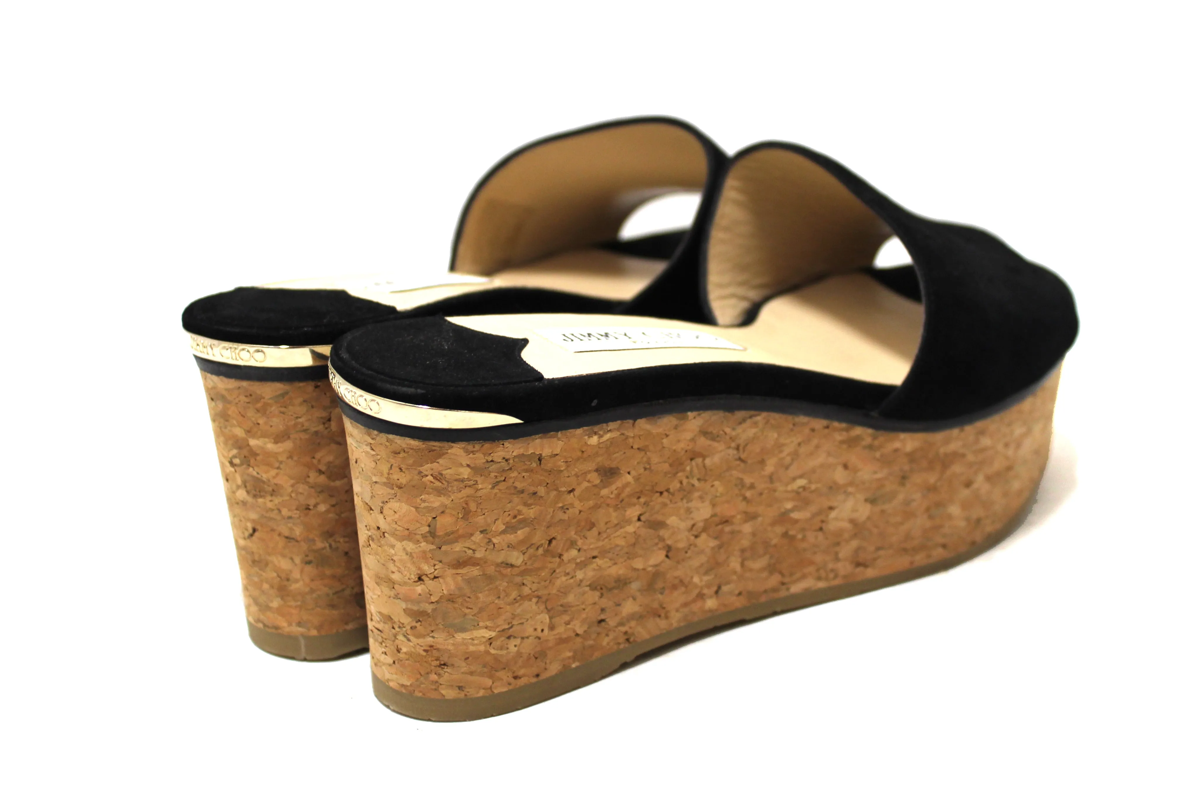 Authentic Jimmy Choo Black Suede Leather Cork Wedge Platform Heel Shoes size 39