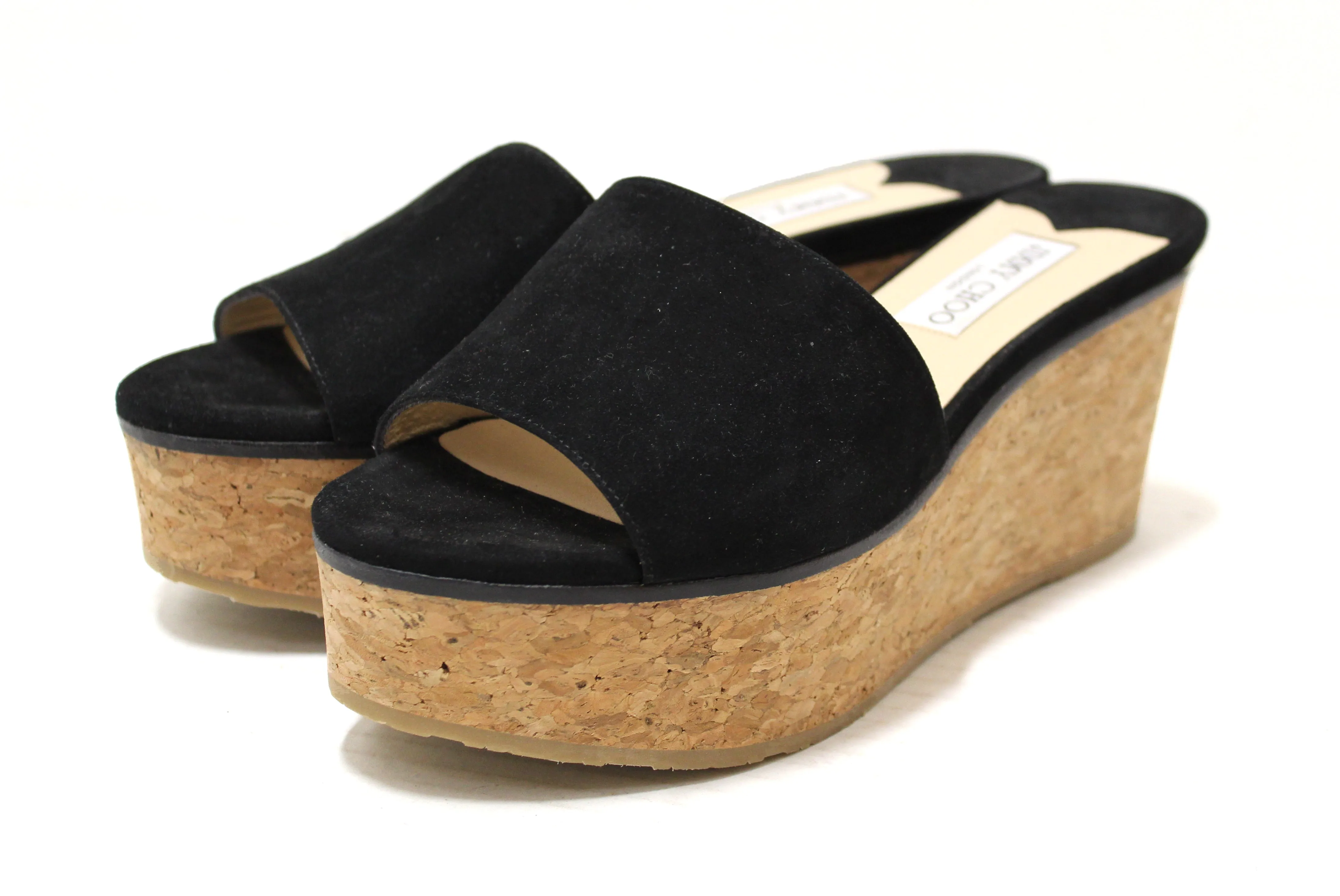 Authentic Jimmy Choo Black Suede Leather Cork Wedge Platform Heel Shoes size 39