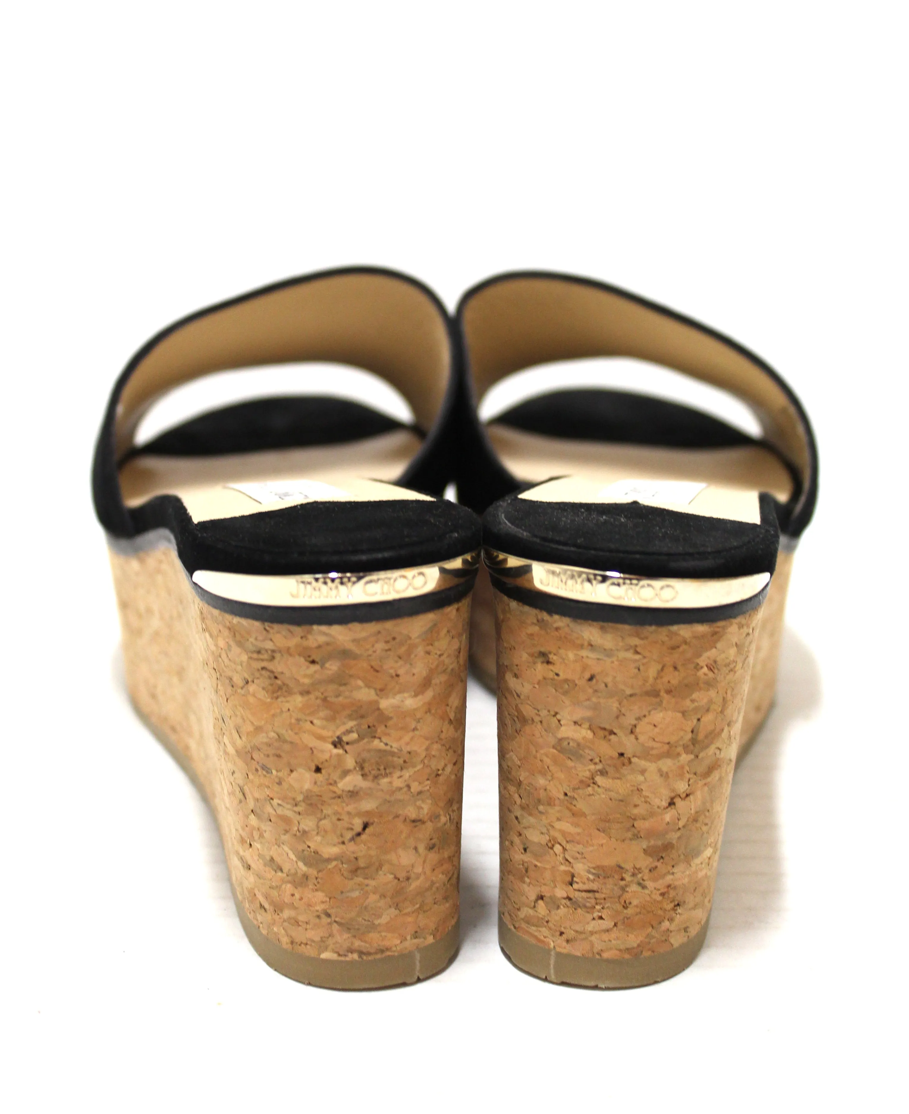 Authentic Jimmy Choo Black Suede Leather Cork Wedge Platform Heel Shoes size 39