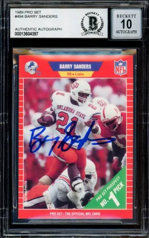 Barry Sanders Autographed 1989 Pro Set Rookie Card #494 Detroit Lions Auto Grade Gem Mint 10 Beckett BAS Stock #215474