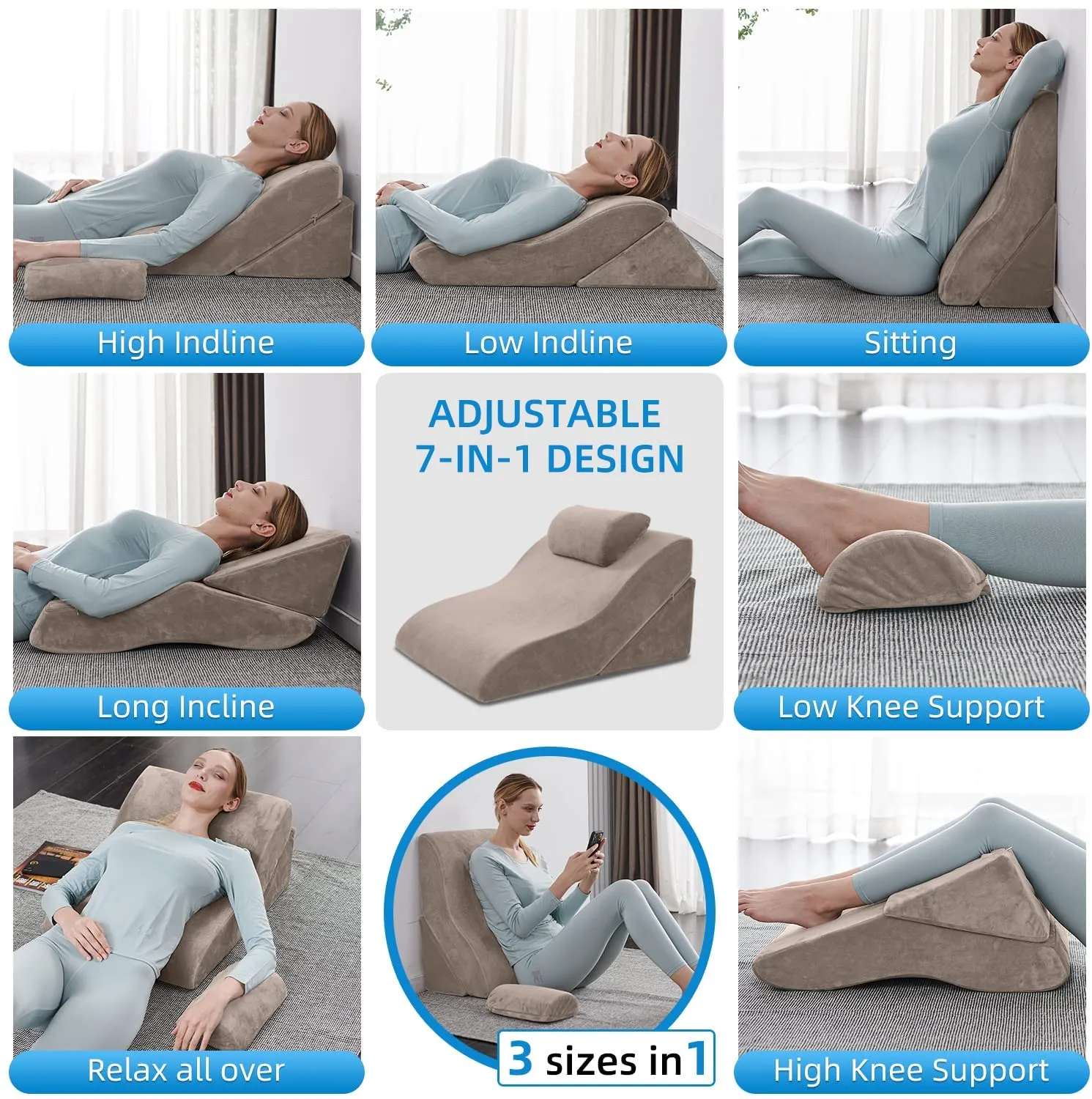 Bed Wedge Pillow Adjustable Pillows Set for Back, Leg and Knee Pain Relief | Brown