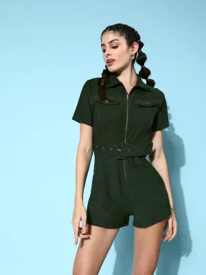 Berrylush Women Solid Green Shirt Collar Neck Cotton Waist Belted Mini Playsuit