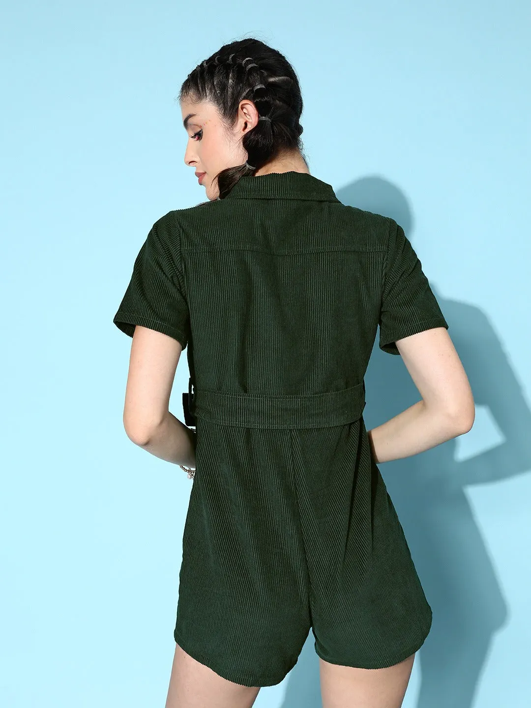 Berrylush Women Solid Green Shirt Collar Neck Cotton Waist Belted Mini Playsuit