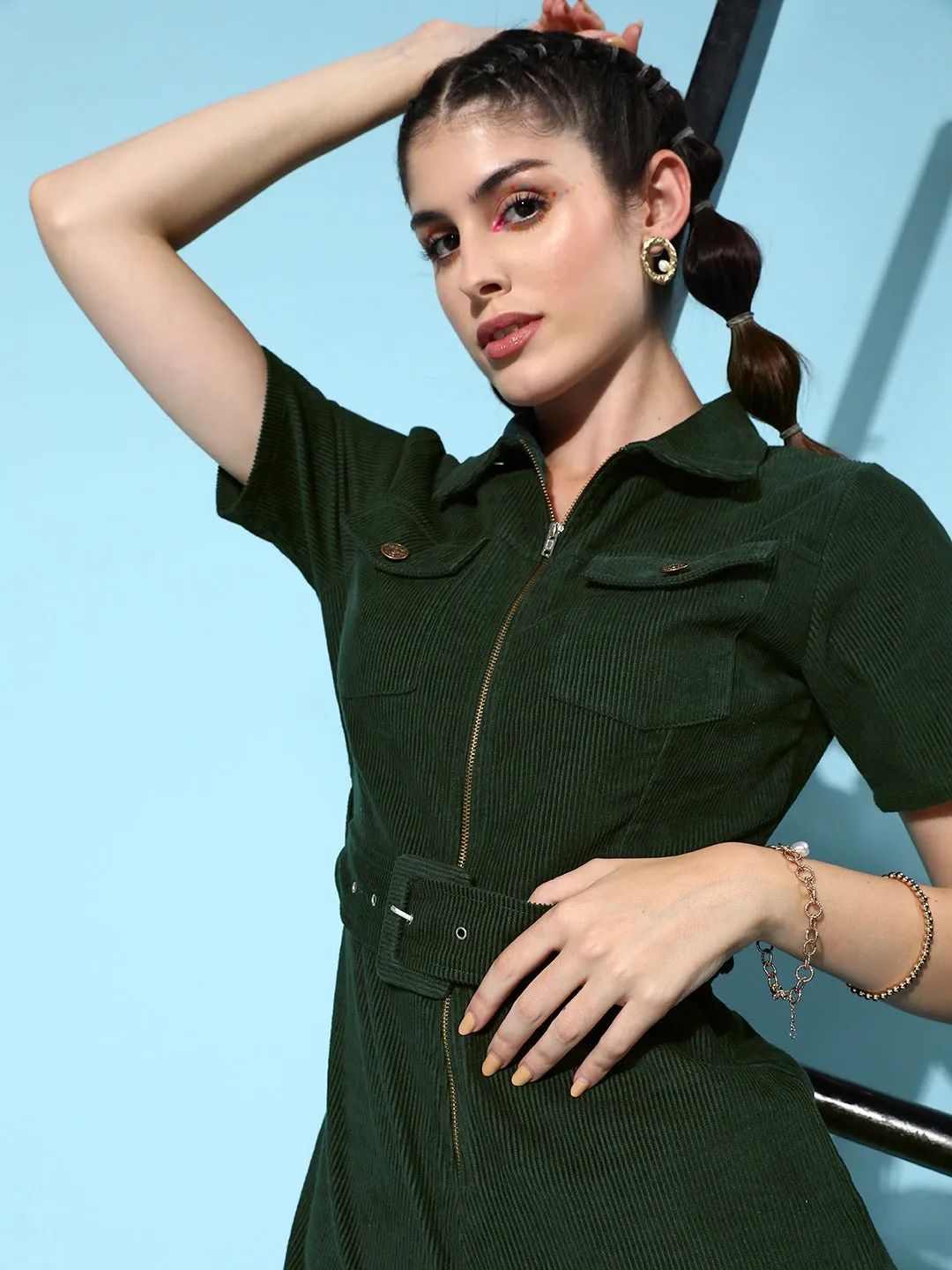 Berrylush Women Solid Green Shirt Collar Neck Cotton Waist Belted Mini Playsuit