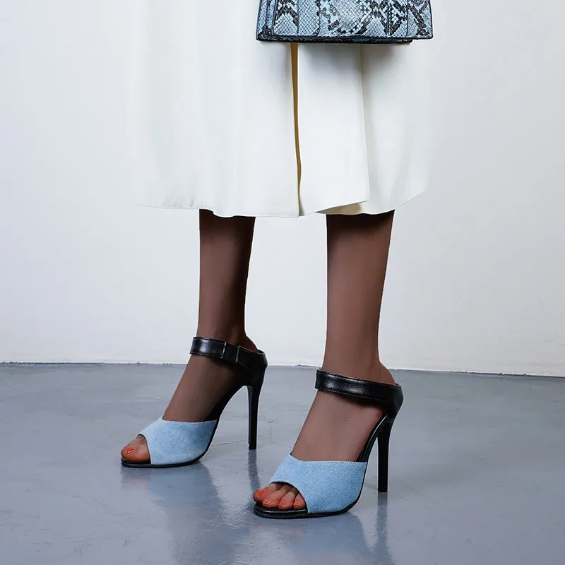 Bigsizeheels Jelly Stiletto Heel Backless Color Block Mules - Blue