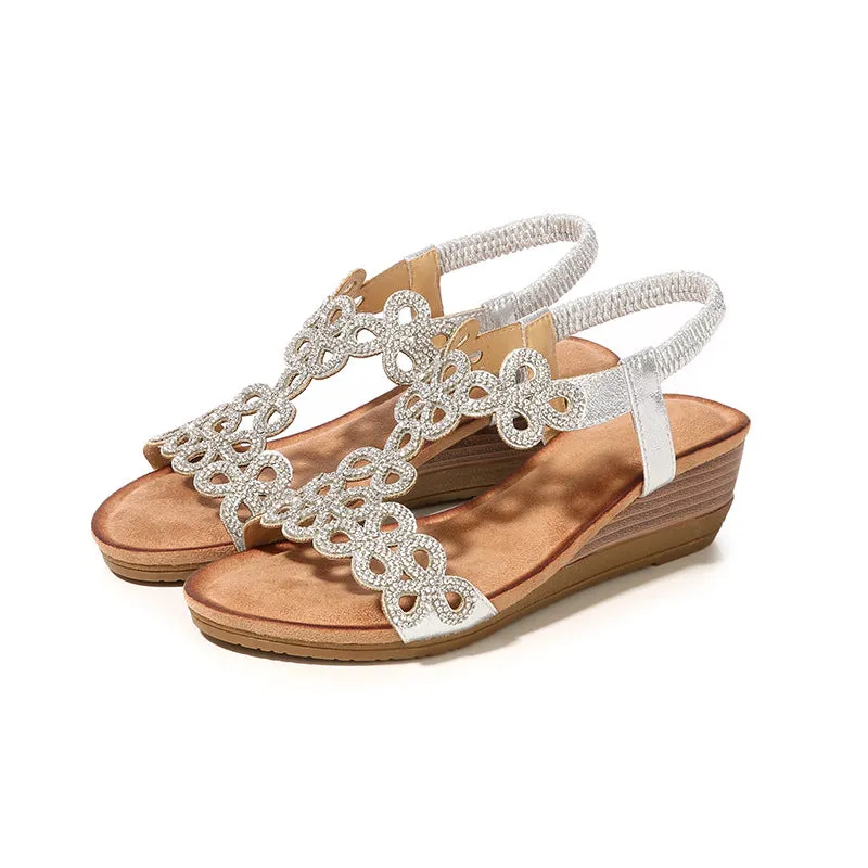 Bigsizeheels Rhinestone Boho Wedge Sandals
