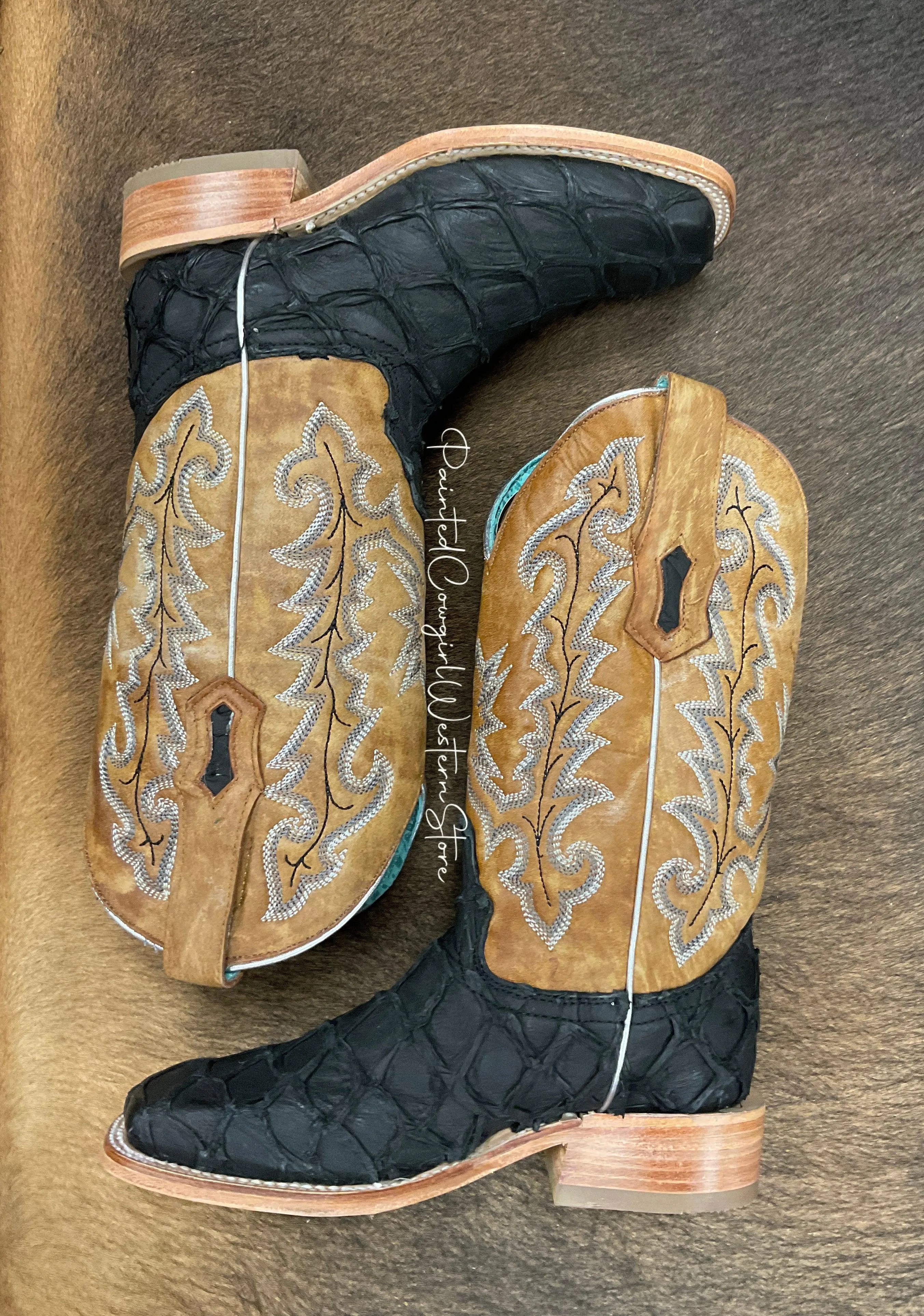 Corral Women’s Black/Sand Pirarucu Arapaima Fish Square Toe Boots A4204