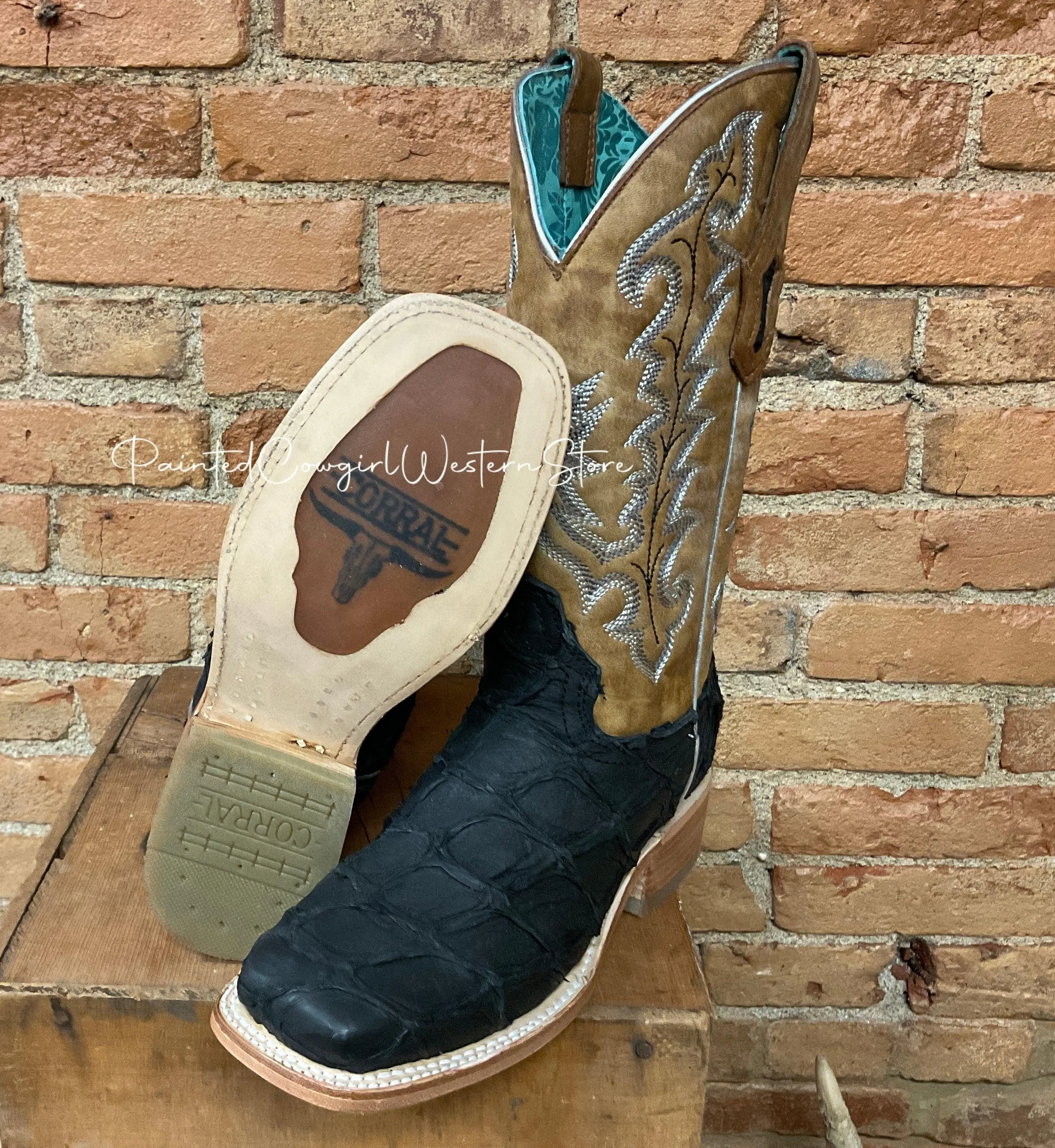Corral Women’s Black/Sand Pirarucu Arapaima Fish Square Toe Boots A4204