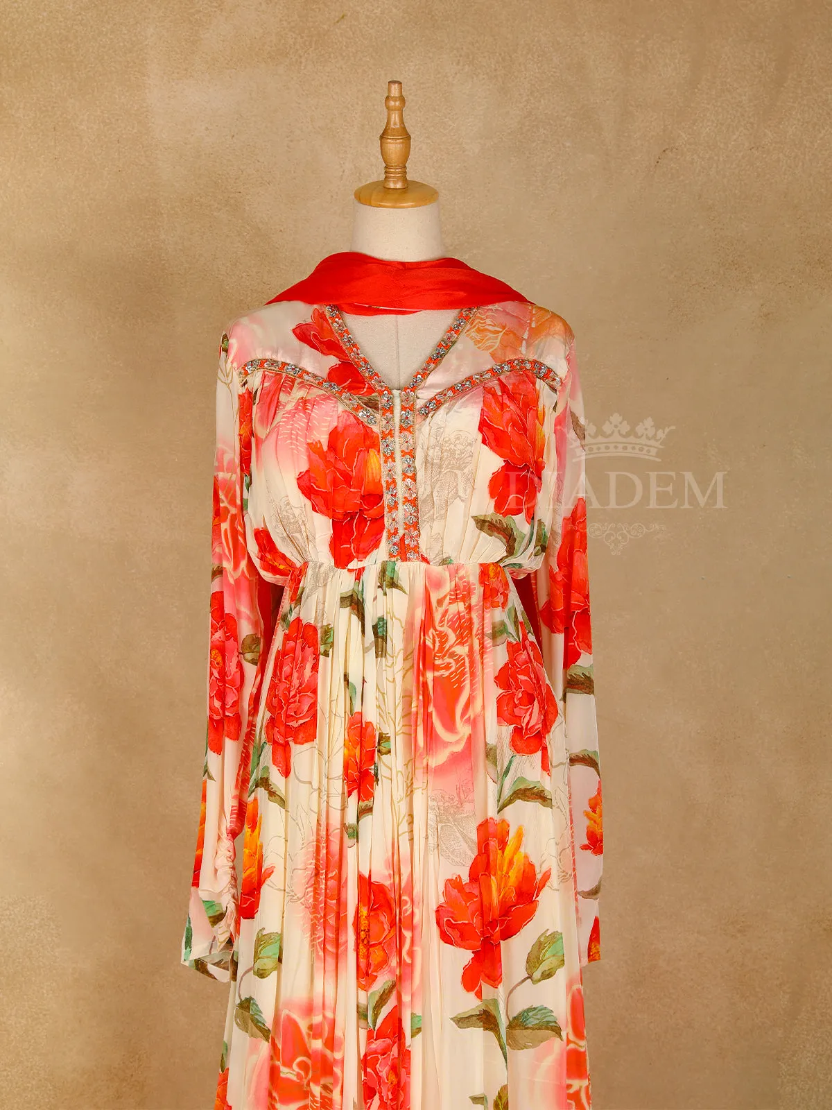 Cream Floral Printed and Embroidery Gown