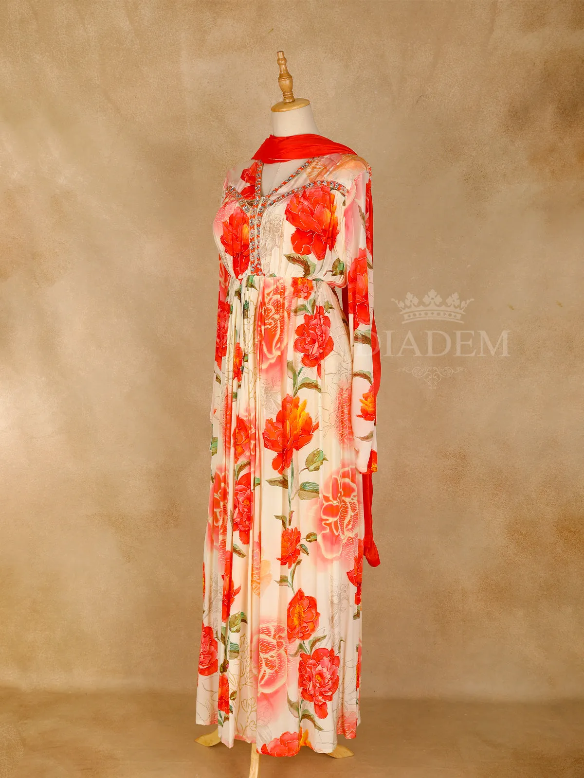 Cream Floral Printed and Embroidery Gown