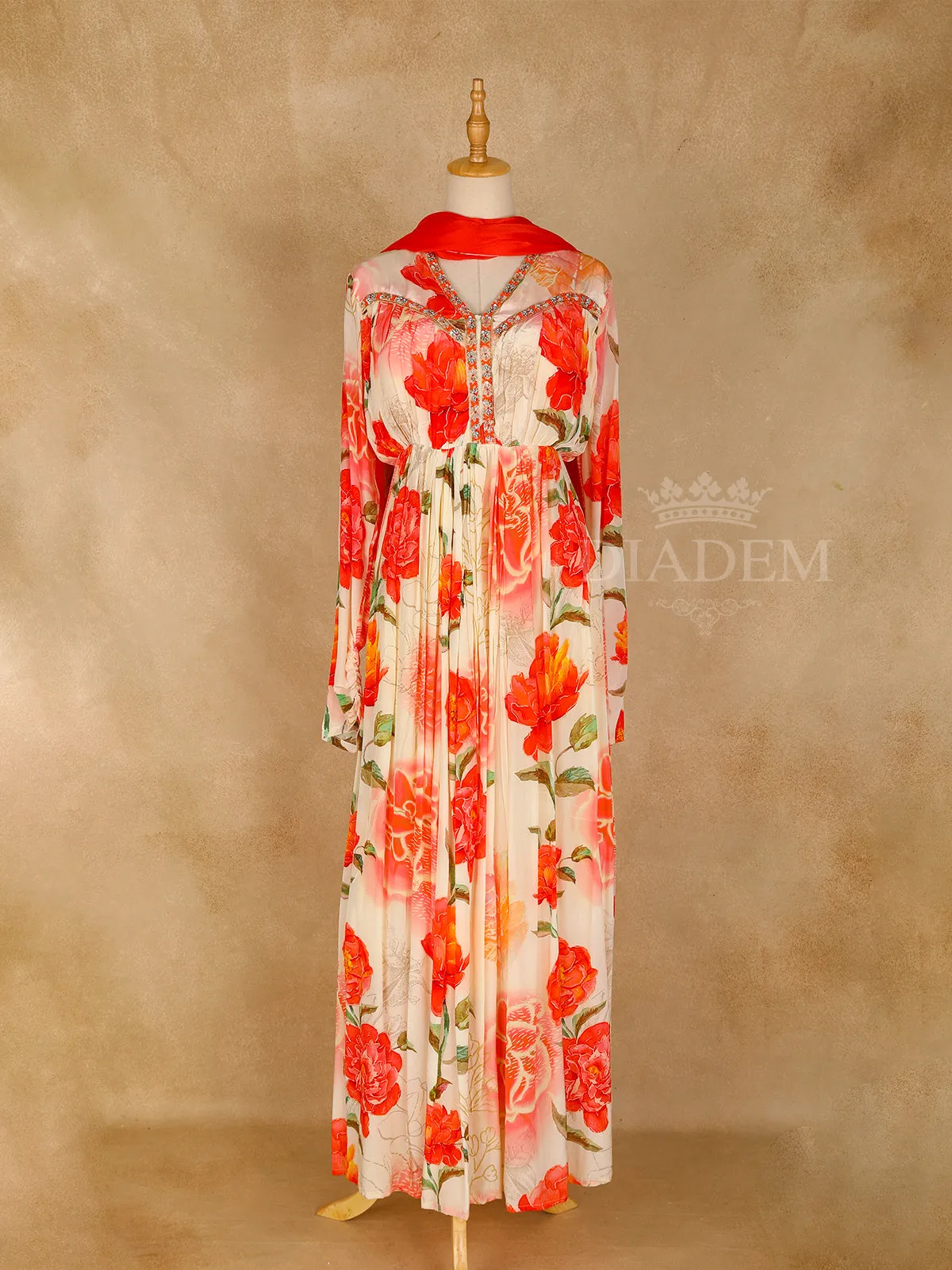 Cream Floral Printed and Embroidery Gown
