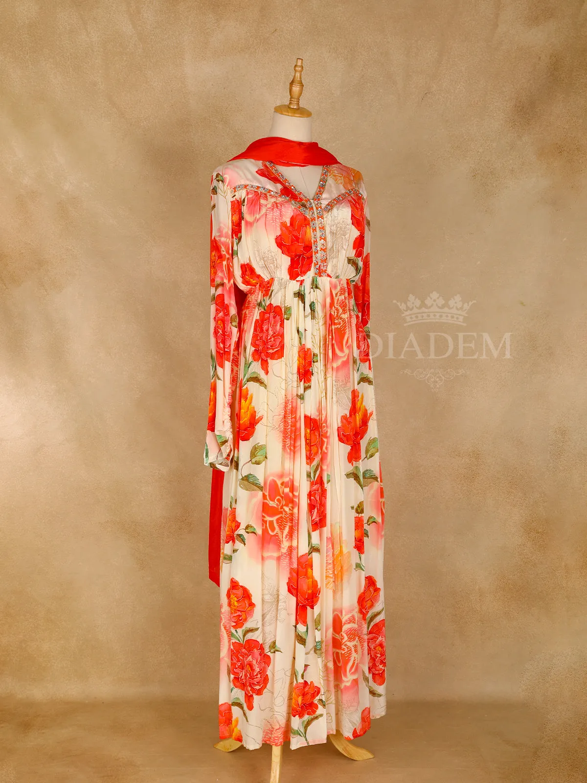 Cream Floral Printed and Embroidery Gown