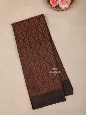 Dark Brown Brasso Saree With Leaf Motifs on the Body with Matching Border