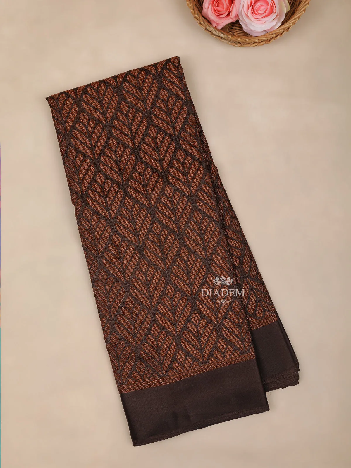 Dark Brown Brasso Saree With Leaf Motifs on the Body with Matching Border