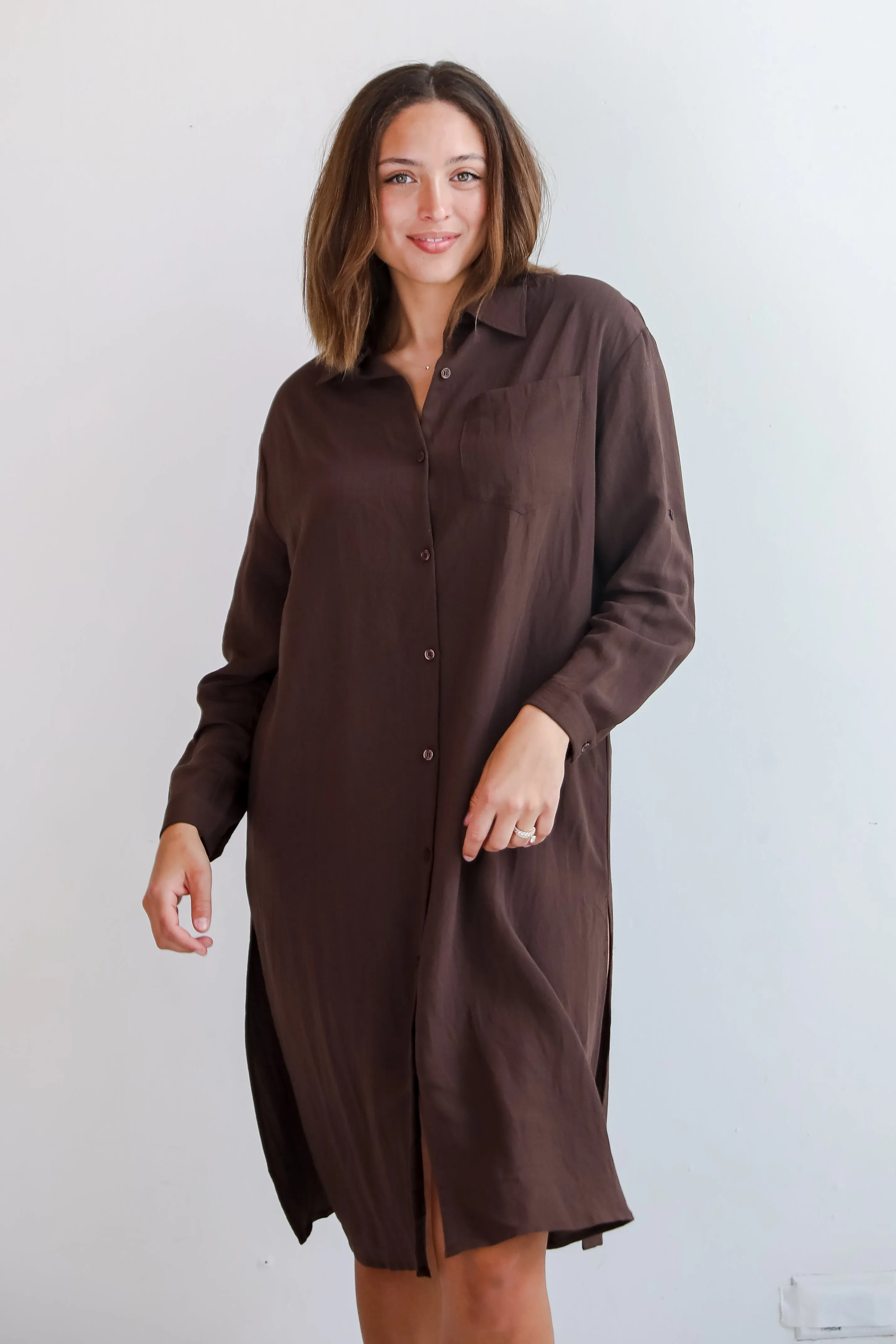 FINAL SALE - Cherished Chicness Brown Button Front Midi Dress