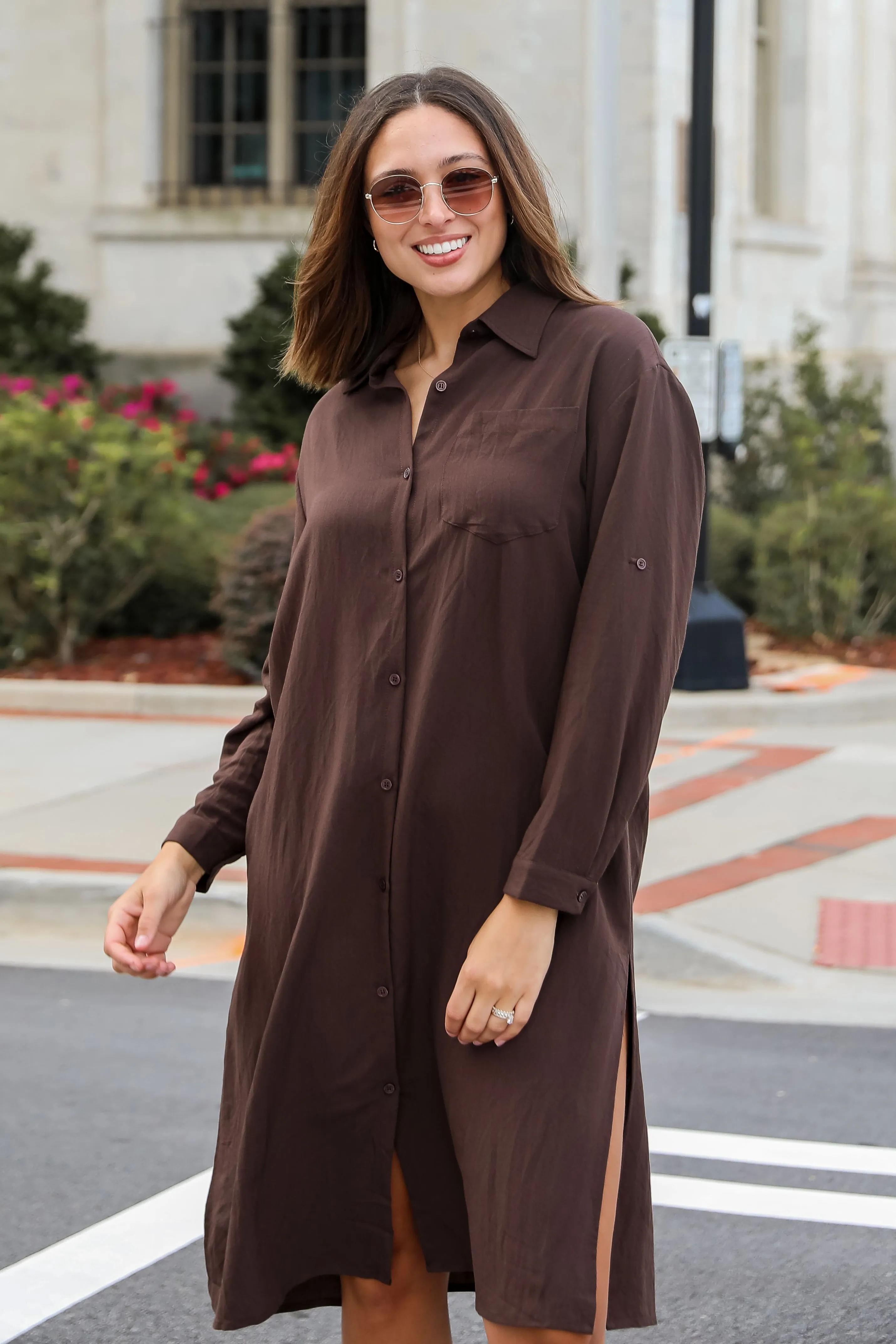 FINAL SALE - Cherished Chicness Brown Button Front Midi Dress