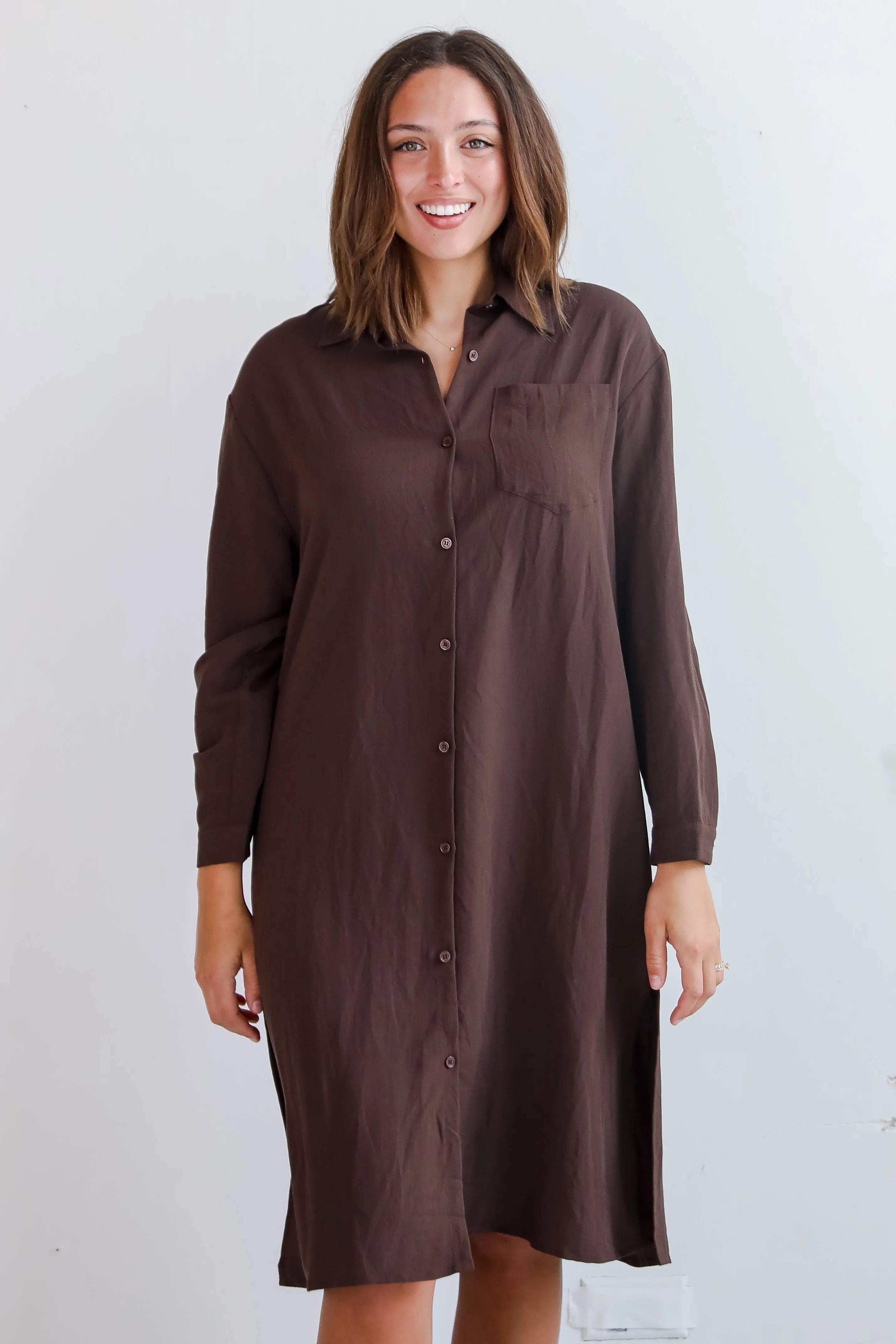 FINAL SALE - Cherished Chicness Brown Button Front Midi Dress