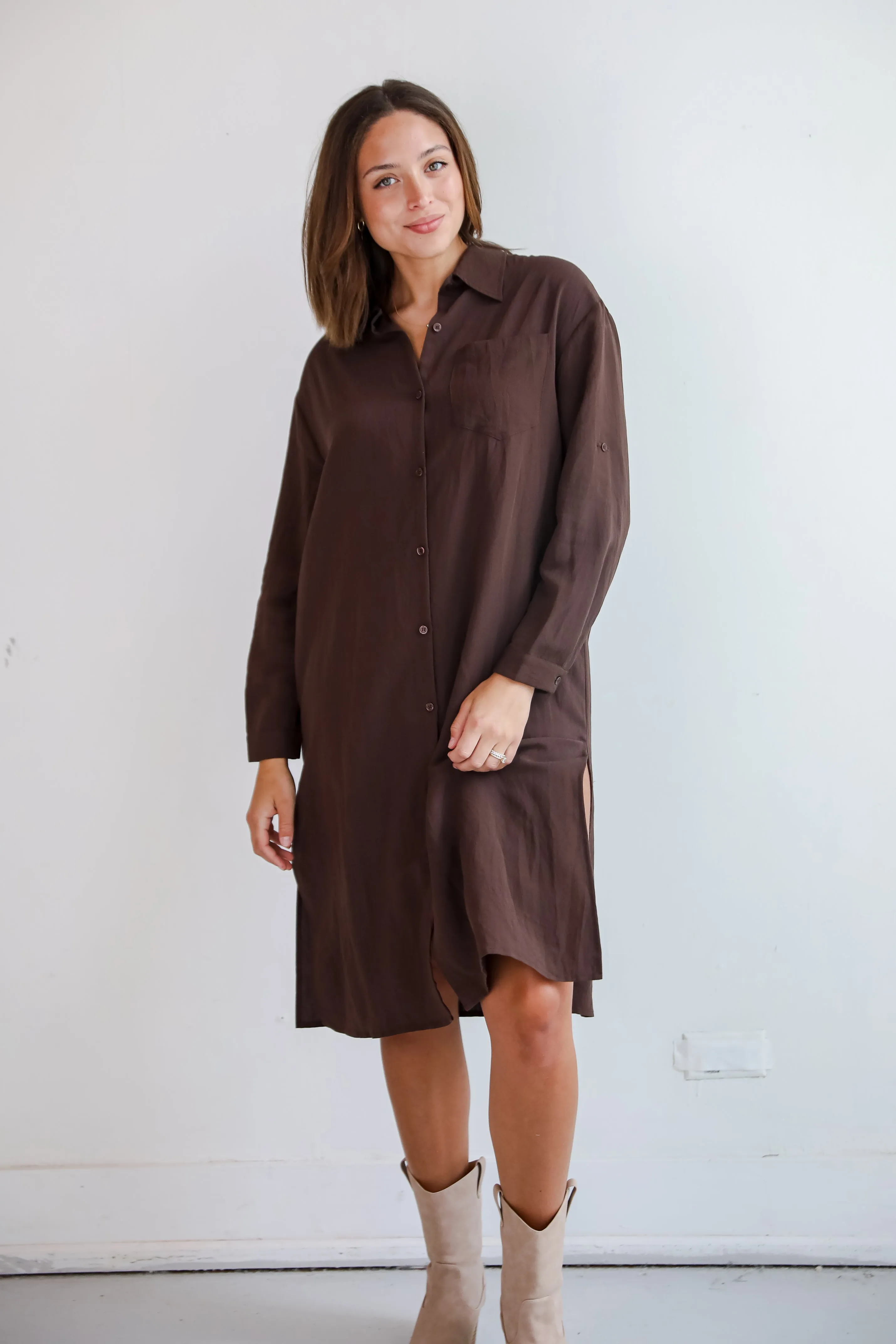 FINAL SALE - Cherished Chicness Brown Button Front Midi Dress