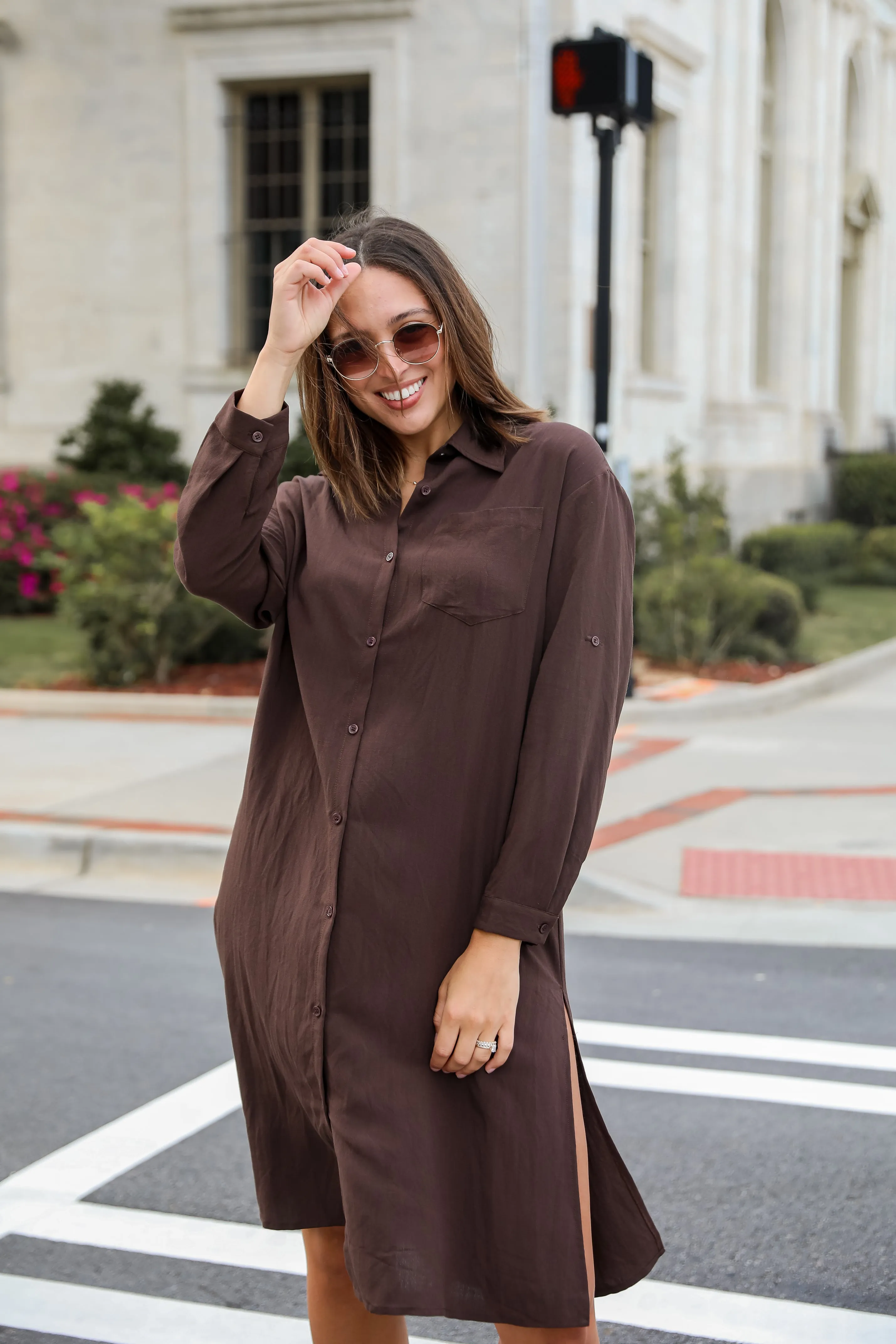 FINAL SALE - Cherished Chicness Brown Button Front Midi Dress