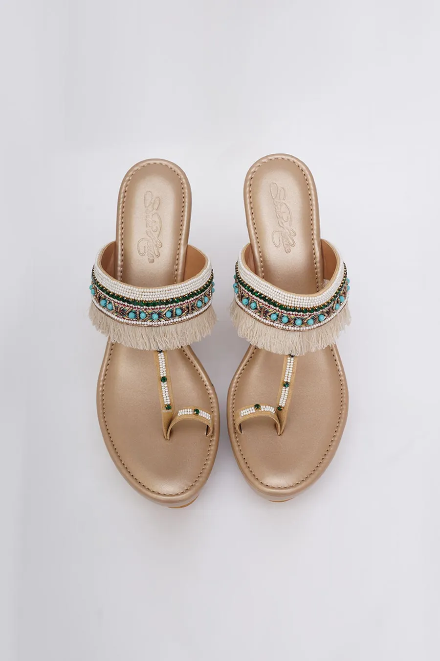 Gold Fringe Wedge Heels