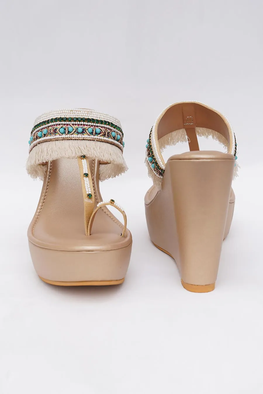 Gold Fringe Wedge Heels