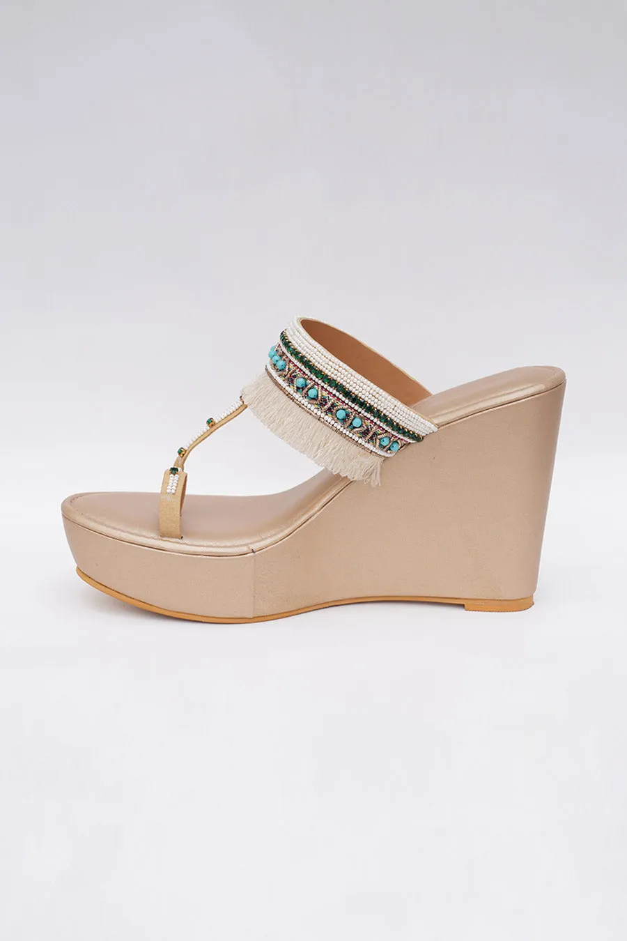 Gold Fringe Wedge Heels
