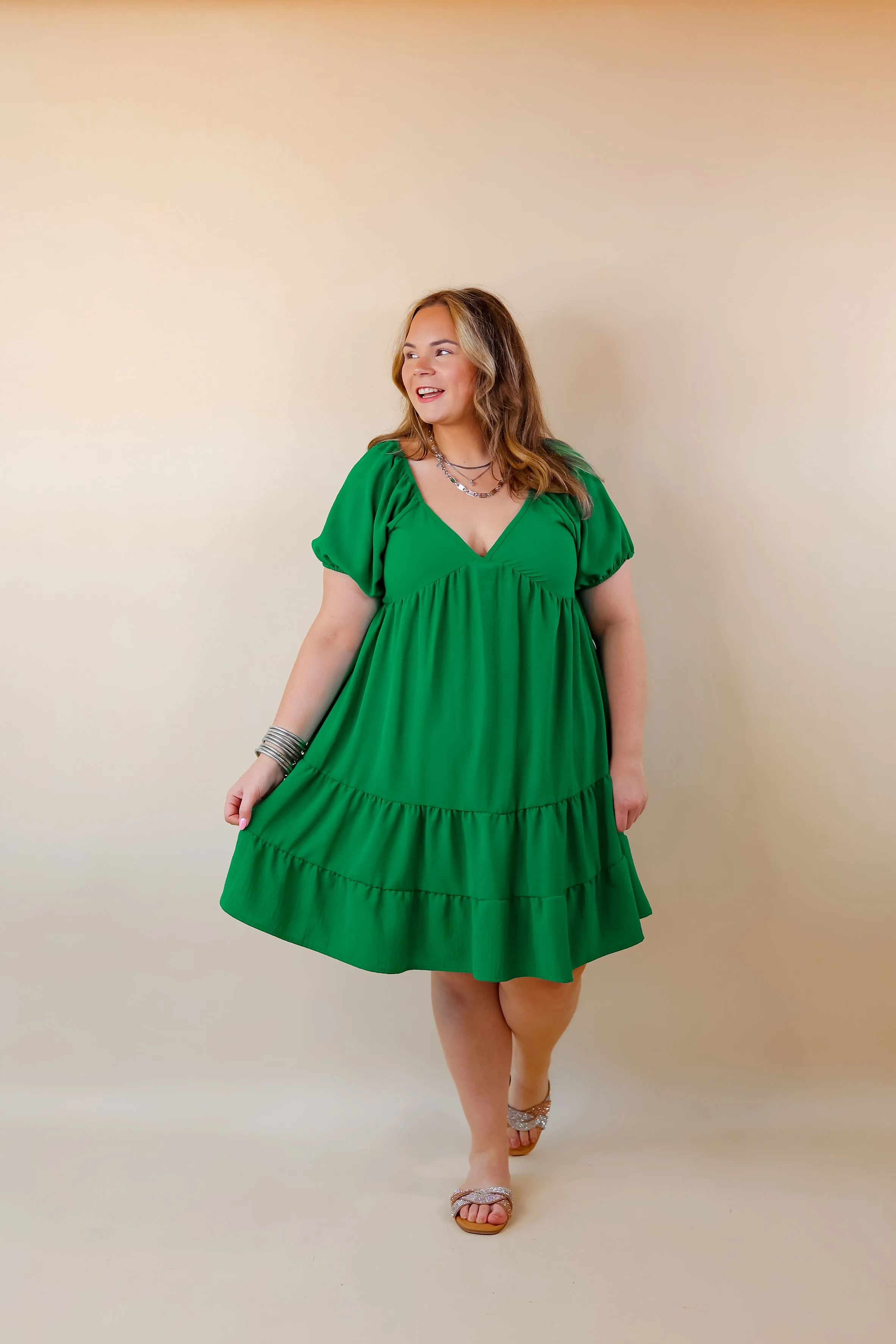 Graceful Journey Short Balloon Sleeve Dress in Green
