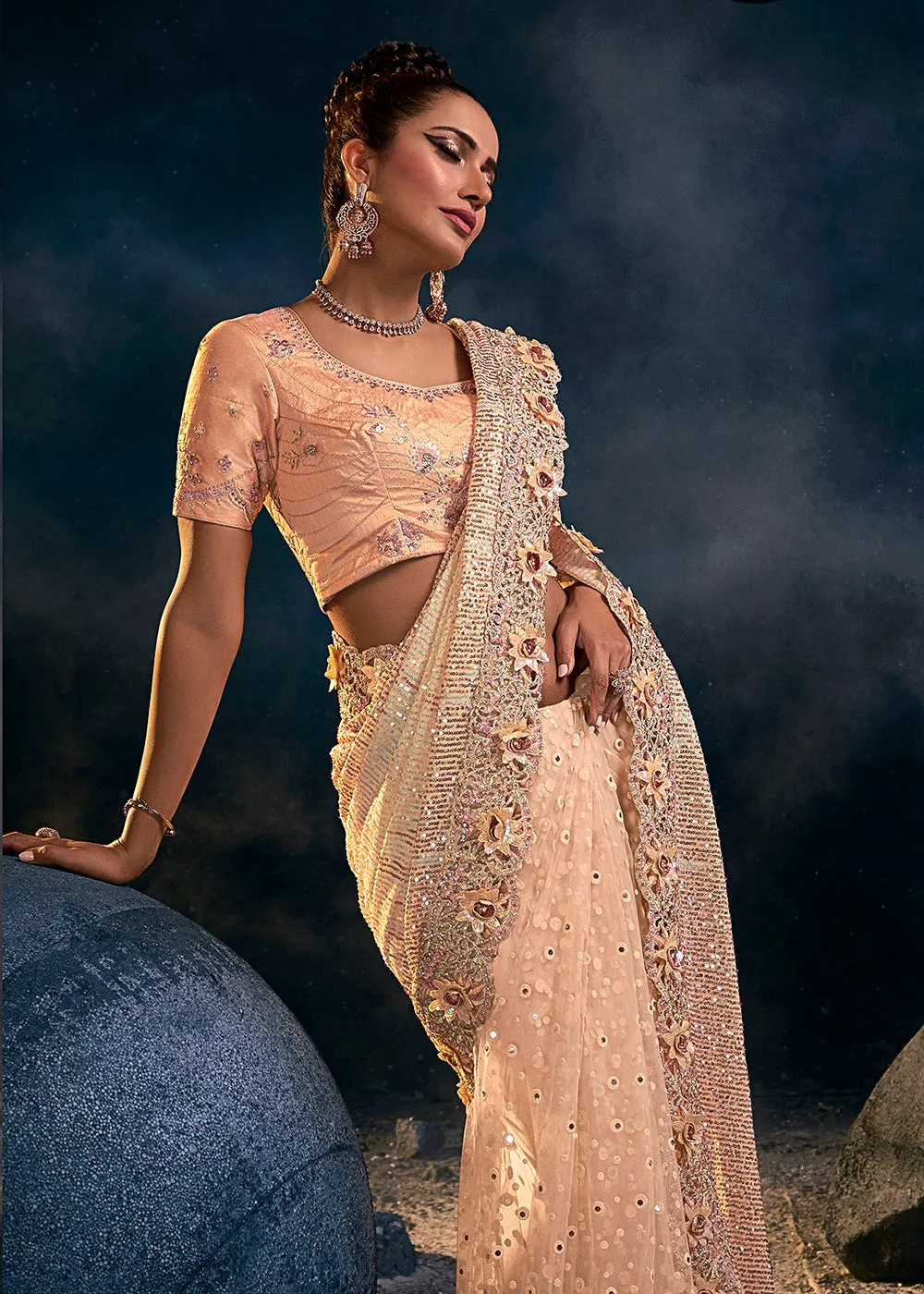 Graceful Peach Premium Net Heavy Embroidered Designer Saree