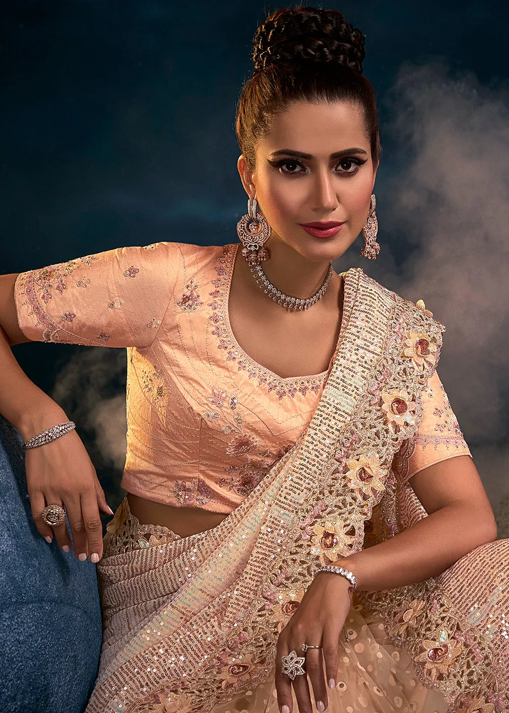 Graceful Peach Premium Net Heavy Embroidered Designer Saree