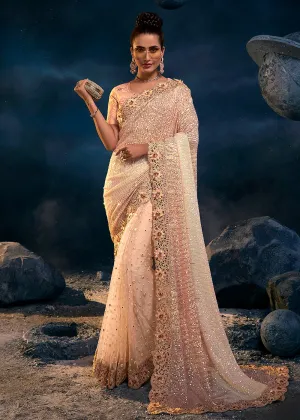Graceful Peach Premium Net Heavy Embroidered Designer Saree