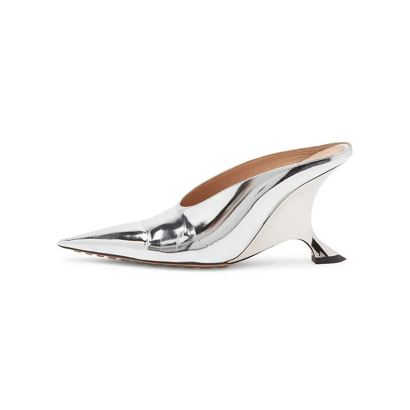High Heel Thick Wedge Patent Leather Metal Middle Mouth Women's Large-sized Shoes