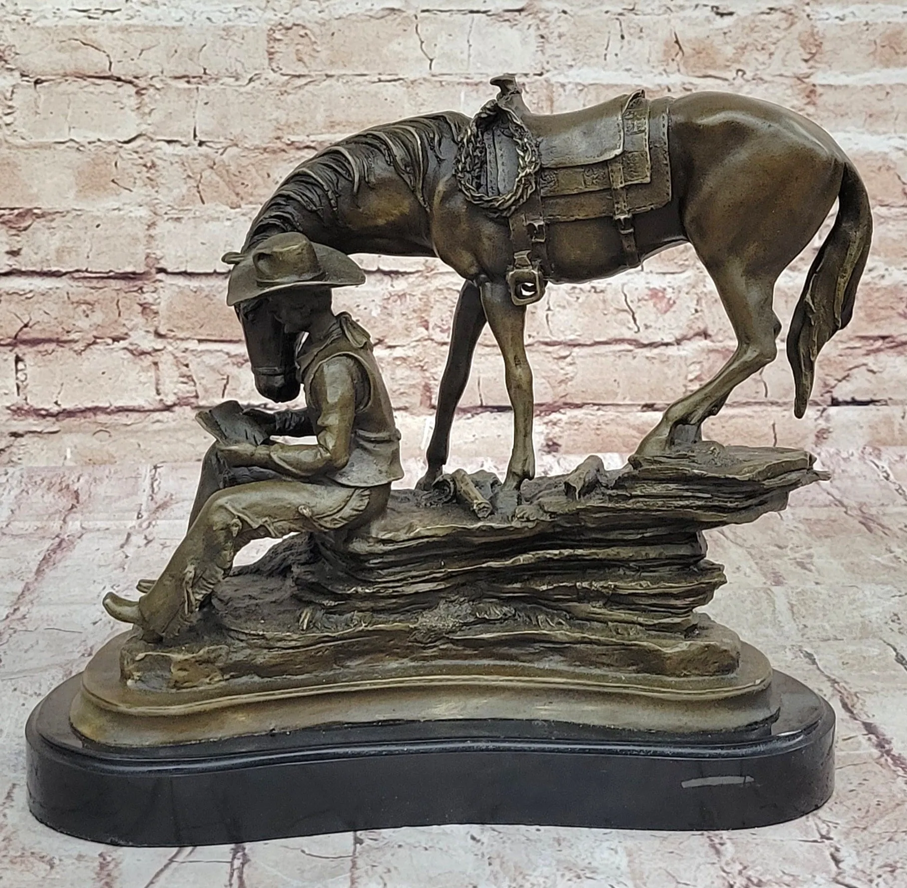 Horse Cowboy Lover Western Saddle Ranch Farm Art Bronze Marble Statue Sculpture