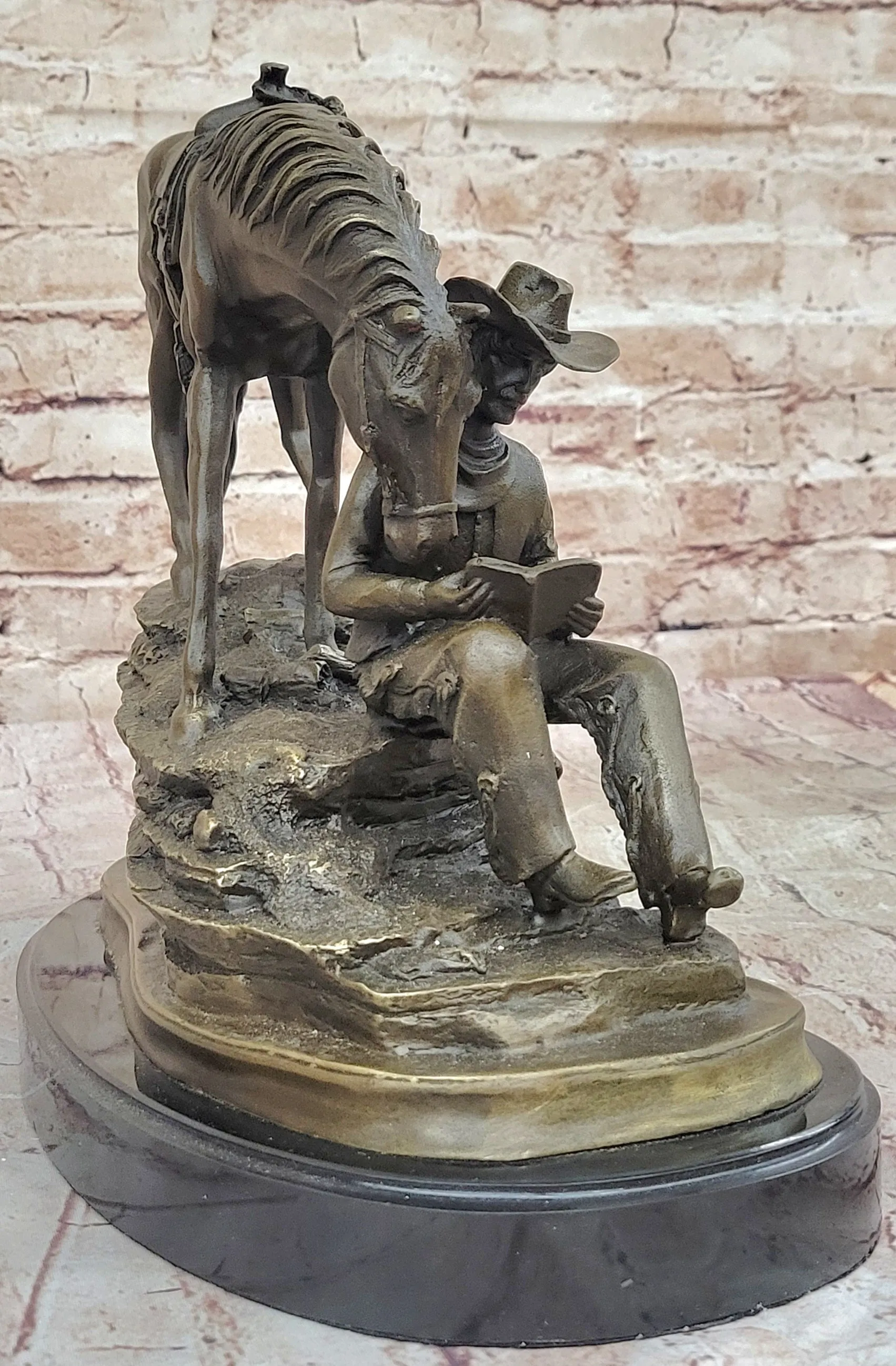 Horse Cowboy Lover Western Saddle Ranch Farm Art Bronze Marble Statue Sculpture