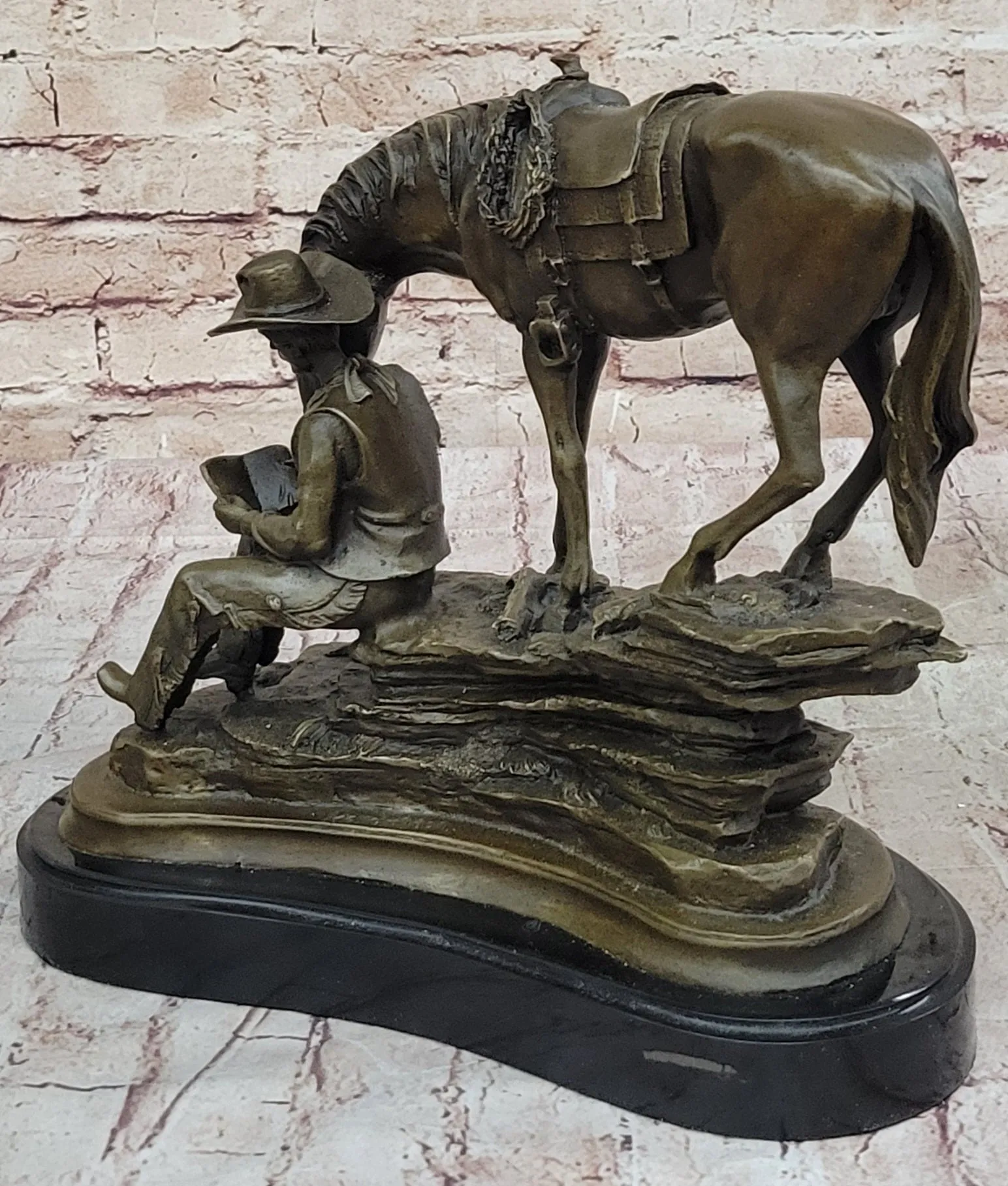Horse Cowboy Lover Western Saddle Ranch Farm Art Bronze Marble Statue Sculpture