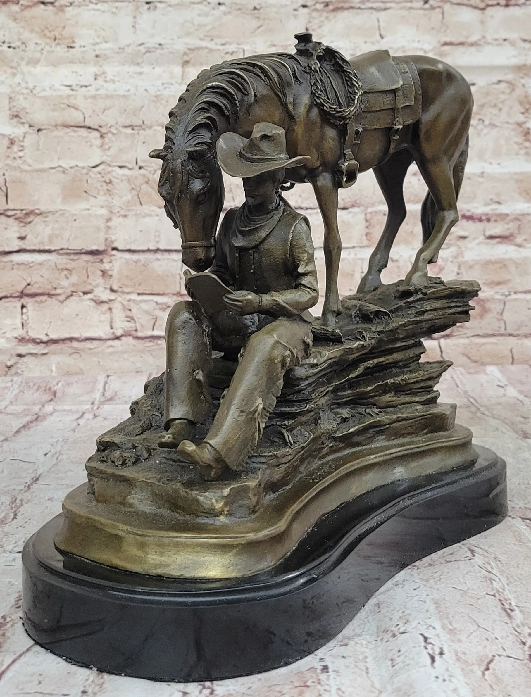 Horse Cowboy Lover Western Saddle Ranch Farm Art Bronze Marble Statue Sculpture