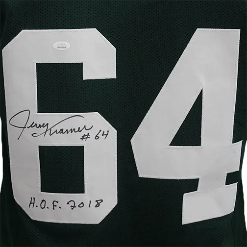 Jerry Kramer Autographed Pro Style Football Green Jersey (JSA) HOF Inscription Included.