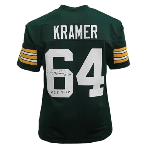 Jerry Kramer Autographed Pro Style Football Green Jersey (JSA) HOF Inscription Included.