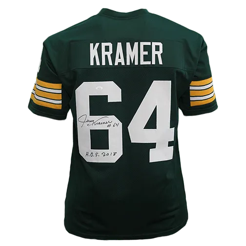 Jerry Kramer Autographed Pro Style Football Green Jersey (JSA) HOF Inscription Included.