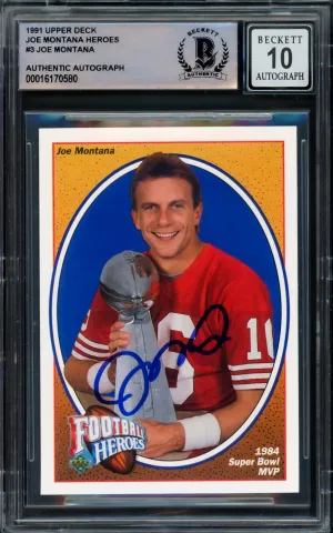 Joe Montana Autographed 1991 Upper Deck Heroes Card #3 San Francisco 49ers Auto Grade Gem Mint 10 Beckett BAS Stock #220757