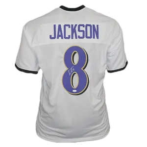 Lamar Jackson Autographed Pro Style Football Jersey White (JSA)