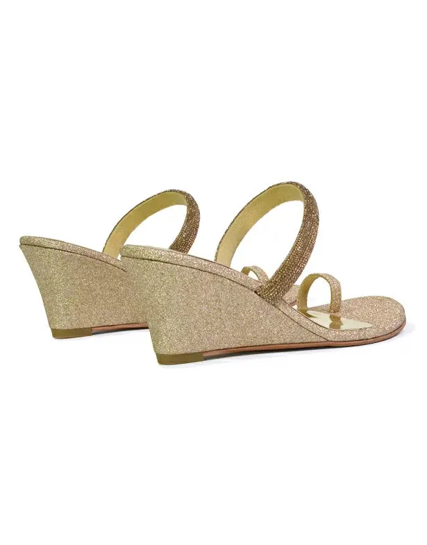 Lucille Slip On Strappy Sparkly Diamante Wedge Sandal Heels in Gold